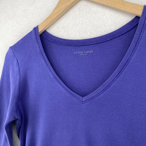EILEEN FISHER Top S Organic Cotton Interlock Jersey V-Neck Elbow Sleeve Blue - Picture 4 of 10